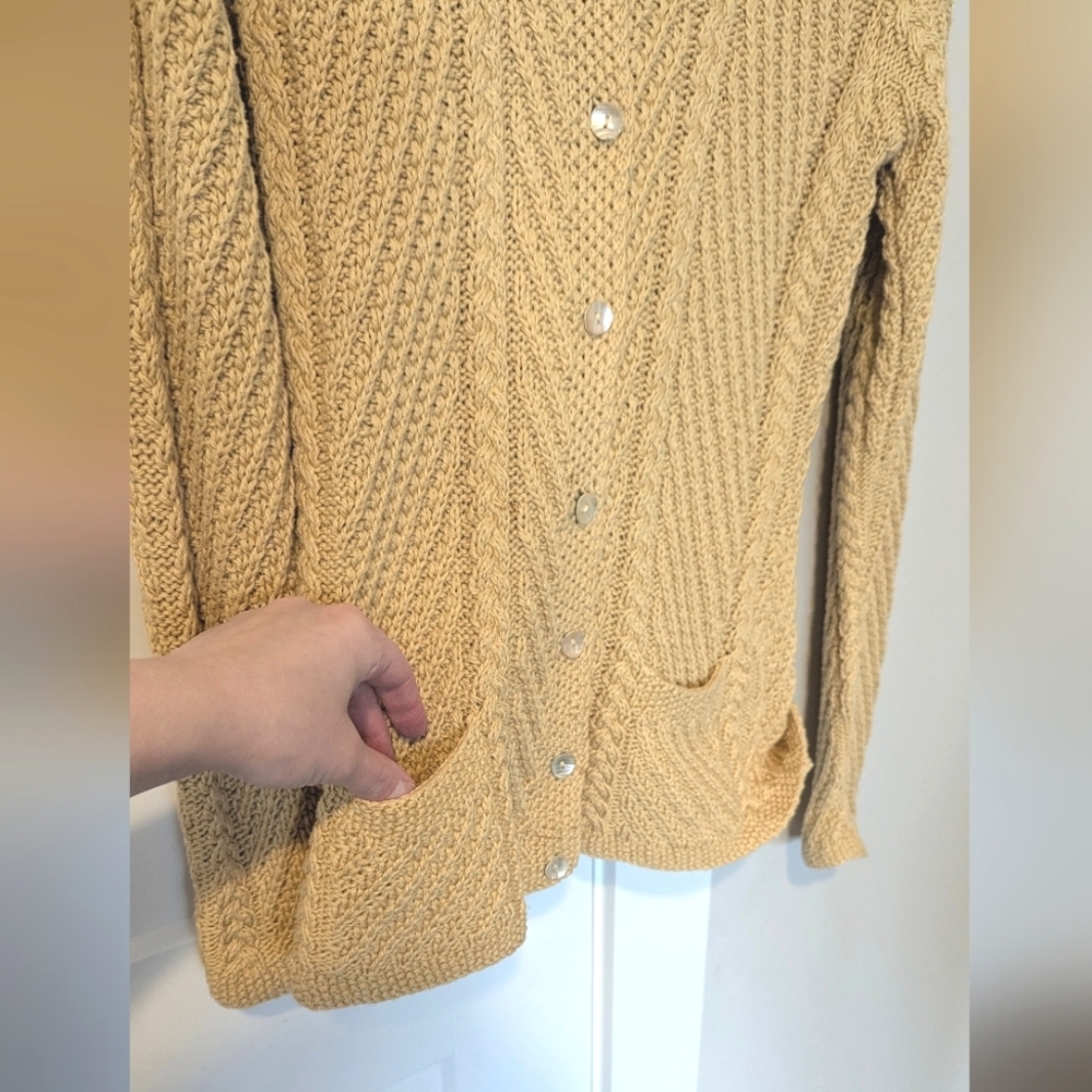 Ralph Lauren Womens Cardigan Small Yellow Chunky Cable Knit Cotton Sweater MOP - Picture 3 of 6